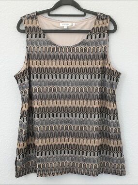 Chico's Size 2 L Geometric Embroidered Mesh Tank Top Beige Black Gray Lined EUC